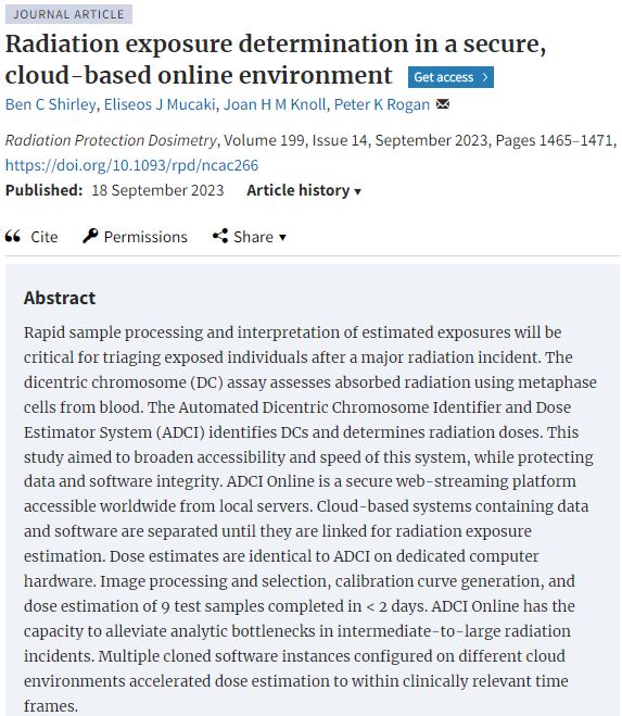 Rapid sample processing and interpretation of estimated exposures will be critical for triaging exposed individuals after a major radiation incident. The dicentric chromosome (DC) assay assesses absorbed radiation using metaphase cells from blood. The Automated Dicentric Chromosome Identifier and Dose Estimator System (ADCI) identifies DCs and determines radiation doses. This study aimed to broaden accessibility and speed of this system, while protecting data and software integrity. ADCI Online is a secure web-streaming platform accessible worldwide from local servers. Cloud-based systems containing data and software are separated until they are linked for radiation exposure estimation. Dose estimates are identical to ADCI on dedicated computer hardware. Image processing and selection, calibration curve generation, and dose estimation of 9 test samples completed in &lt; 2 days. ADCI Online has the capacity to alleviate analytic bottlenecks in intermediate-to-large radiation incidents. Multiple cloned software instances configured on different cloud environments accelerated dose estimation to within clinically relevant time frames.