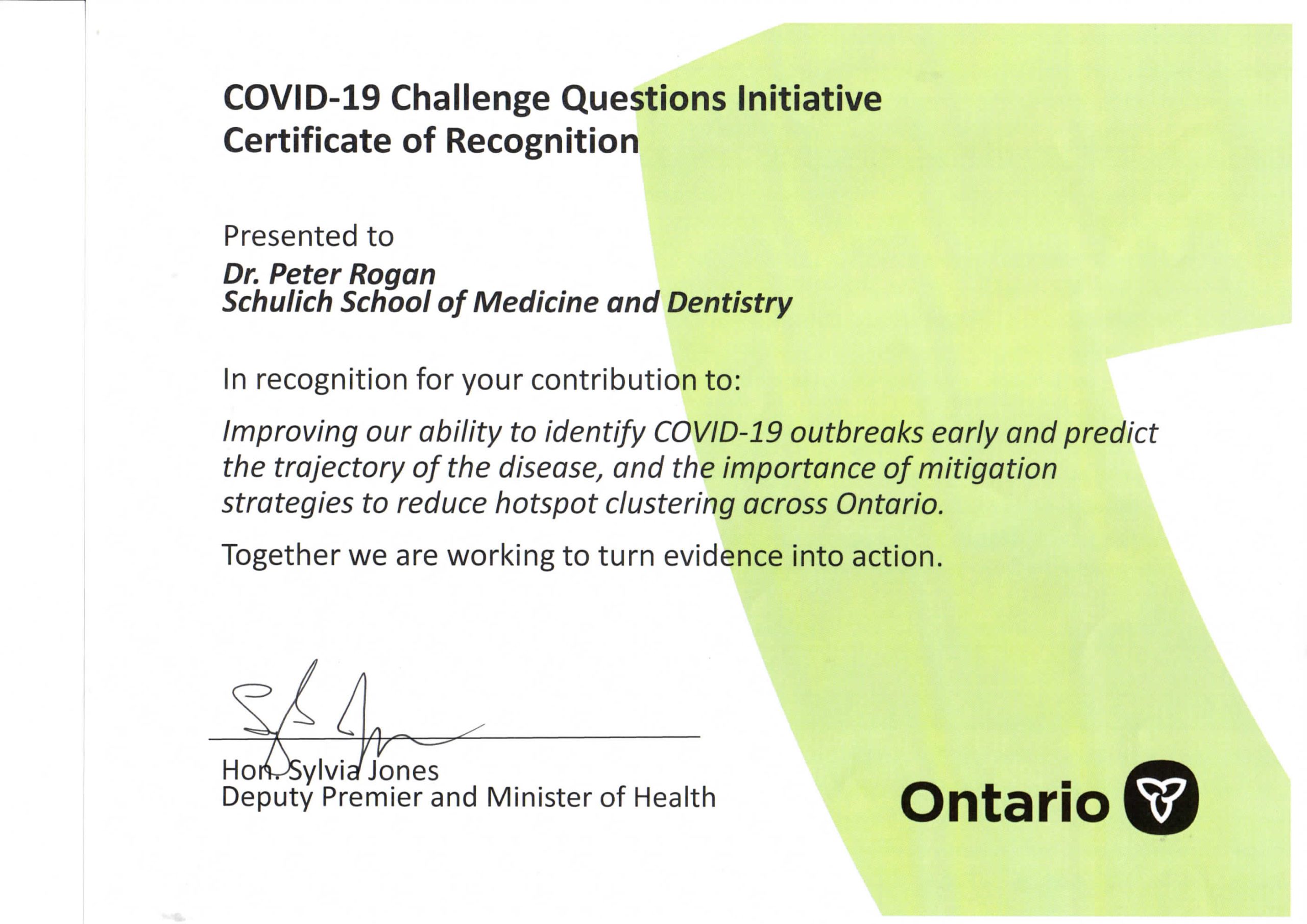 Certificate of Appreciation - Ministry of Health Ontario